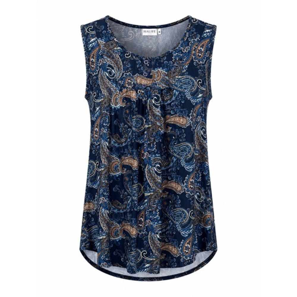 HALIFE Women's Paisley Sleeveless Blouse Blue Stretch Knit Scoop Neck‎ Size M
